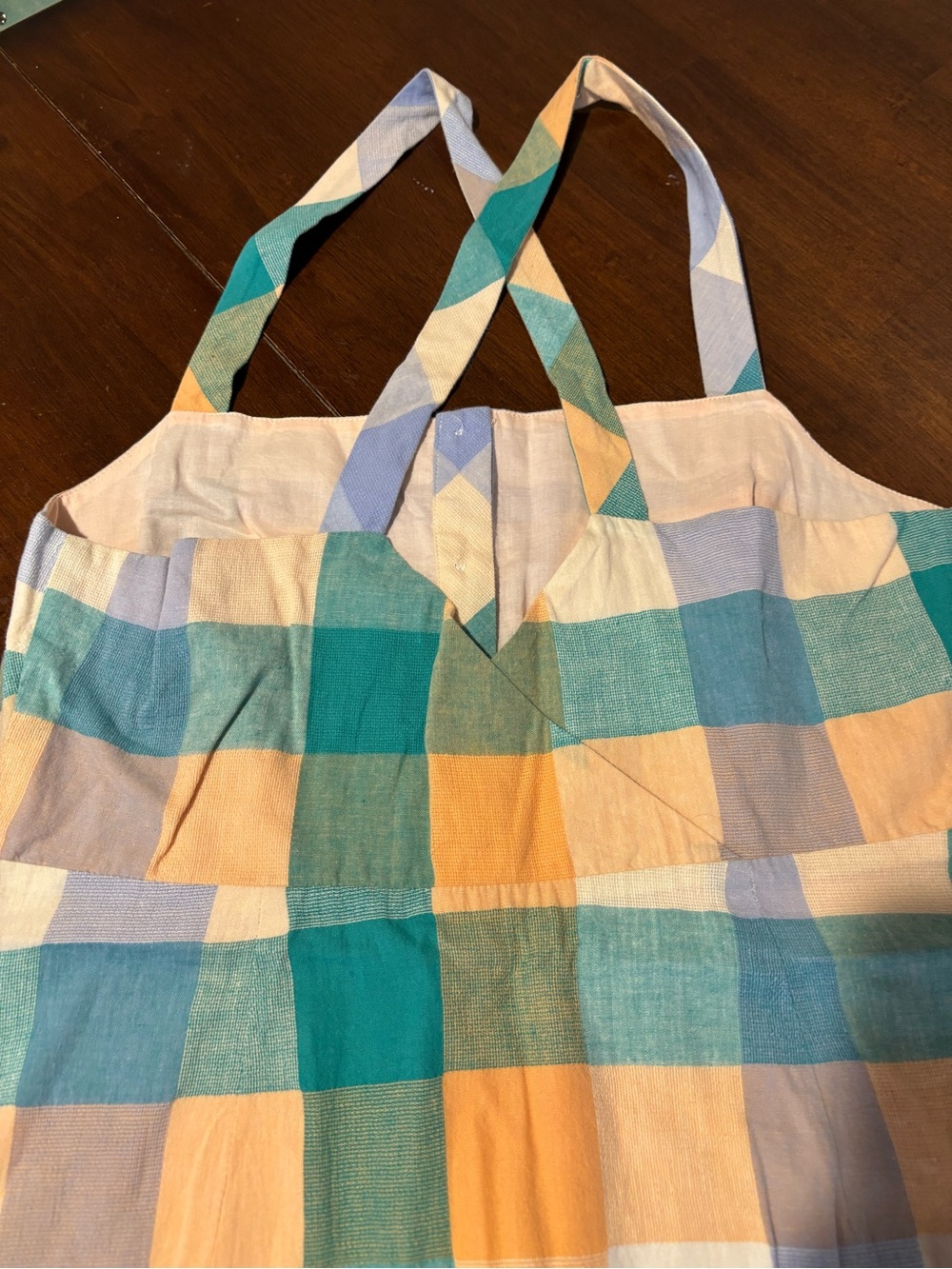 Madewell Button-Front Plaid Sundress in Teal, Peach. Lined. Side pockets - Picture 4 of 6